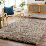 Living room scene with a beige Ascot Area Rug, wood floors, and a chair with a blue pillow. Roomscene-Rectangle