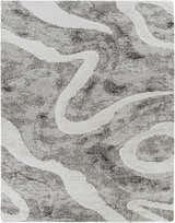 Close-up of the Asfordby Gray Canyon Plush Rug, showing charcoal and off-white wavy pattern and soft, shag texture. Design-Rectangle-71010