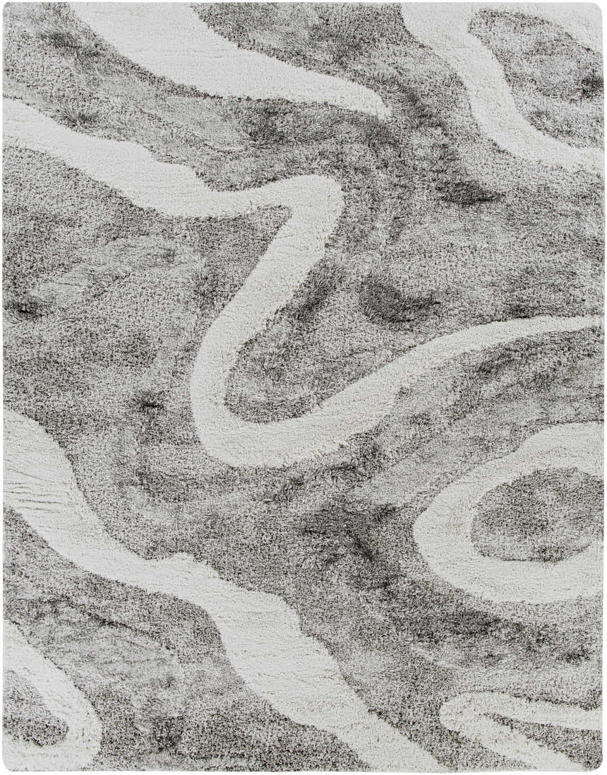 Close-up of the Asfordby Gray Canyon Plush Rug, showing charcoal and off-white wavy pattern and soft, shag texture. Design-Rectangle-71010