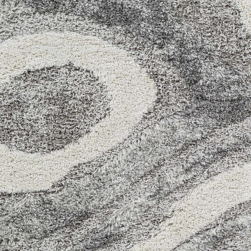 Close up of the Asfordby Gray Canyon Plush Rug, showing its charcoal, gray, and off-white shag texture. Swatch