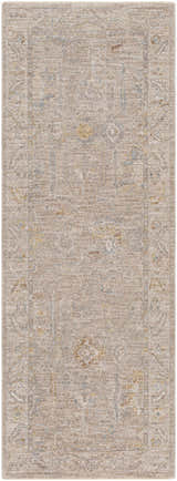 Close-up of the Ashra Thick Luxe Area Rug. Farmhouse style with cloud gray, brown, and blue traditional pattern. Design-Runner-2773