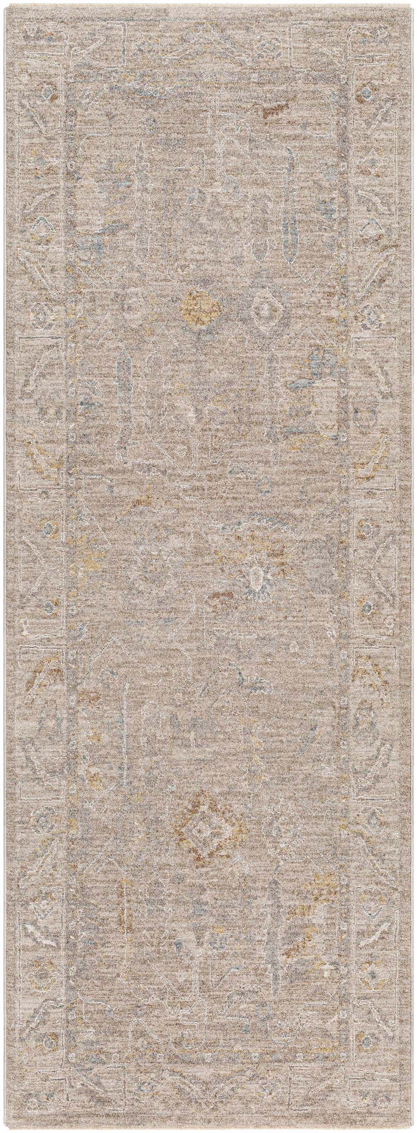 Close-up of the Ashra Thick Luxe Area Rug. Farmhouse style with cloud gray, brown, and blue traditional pattern. Design-Runner-2773