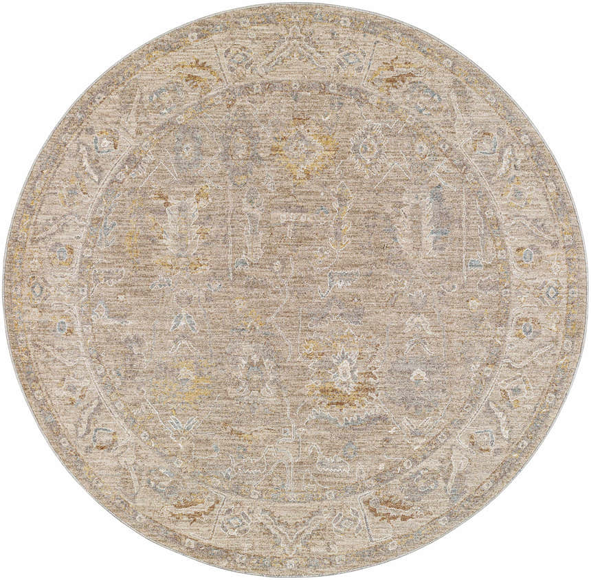 Round Ashra Thick Luxe Area Rug in nutmeg, light brown, and gray. Traditional style, machine woven polyester rug. Design-Round-53