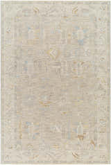 Close-up of the Ashra Thick Luxe Area Rug. Farmhouse style rug in cloud gray, light brown, and blue with a traditional border pattern. Design-Rectangle-6796