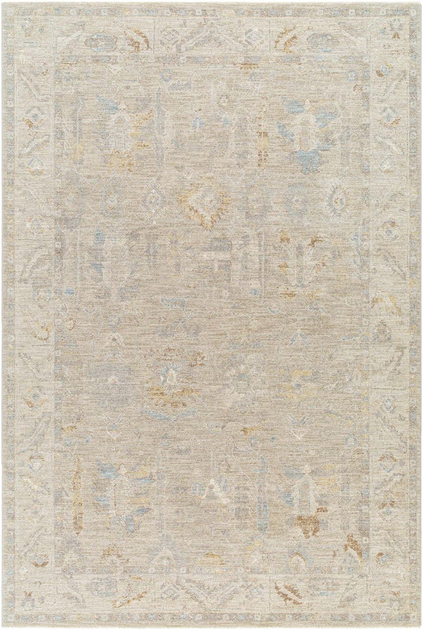 Close-up of the Ashra Thick Luxe Area Rug. Farmhouse style rug in cloud gray, light brown, and blue with a traditional border pattern. Design-Rectangle-6796