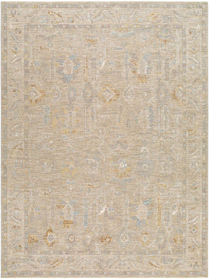 Close-up of the Ashra Thick Luxe Area Rug, showcasing its traditional pattern and neutral colors like gray and brown. Design-Rectangle-912