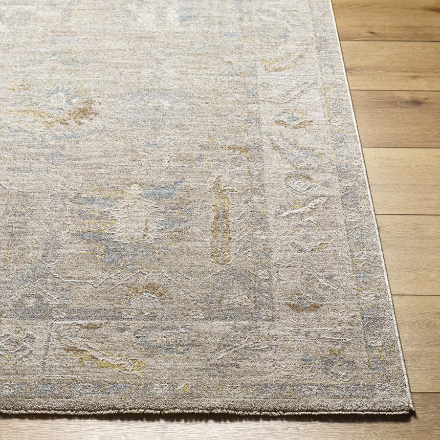 Close-up of the Ashra Thick Luxe Area Rug showing its traditional pattern and soft texture in cloud gray and brown tones. Front