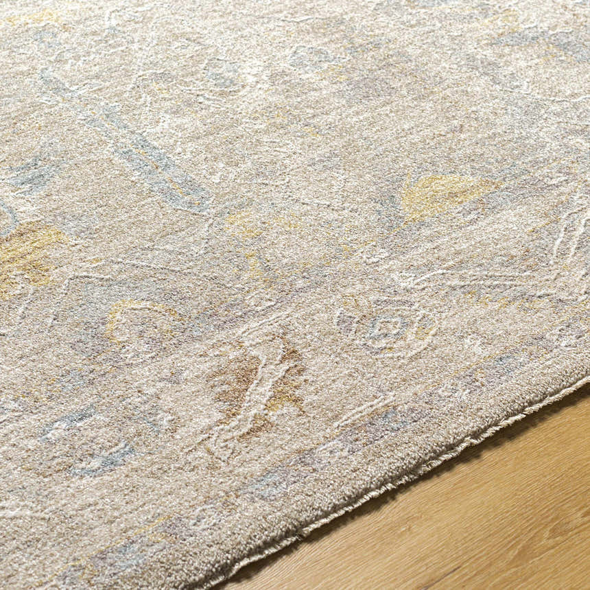 Close-up of Ashra Thick Luxe Area Rug showing texture, pile, and neutral colors like gray, brown, and lambswool. Texture