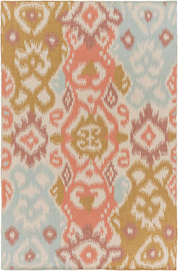 Top-down view of the Aspinwall Area Rug. Hand-woven wool rug in dusty coral, light gray, mustard, pale blue, and plum. Design-Rectangle-576