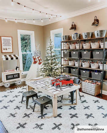 Kids playroom with Alstead shag area rug, toy table, Christmas tree, and storage bins. Cozy, fun rug for kids. Roomscene-Rectangle