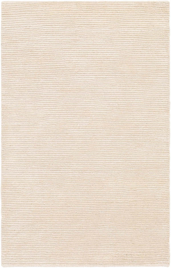 Close-up of the Atlas Carpet, a beige hand-knotted rug with a subtle horizontal striped texture. Design-Rectangle-23