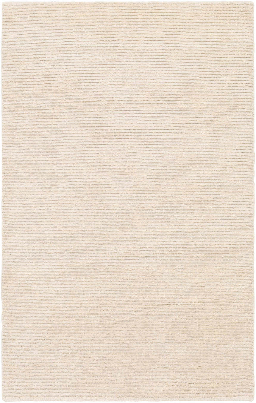 Close-up of the Atlas Carpet, a beige hand-knotted rug with a subtle horizontal striped texture. Design-Rectangle-23