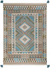 Auchterarder Carpet, a hand-woven wool rug with a geometric diamond pattern in aqua, blue, sage, and brown tones. Design-Rectangle-576