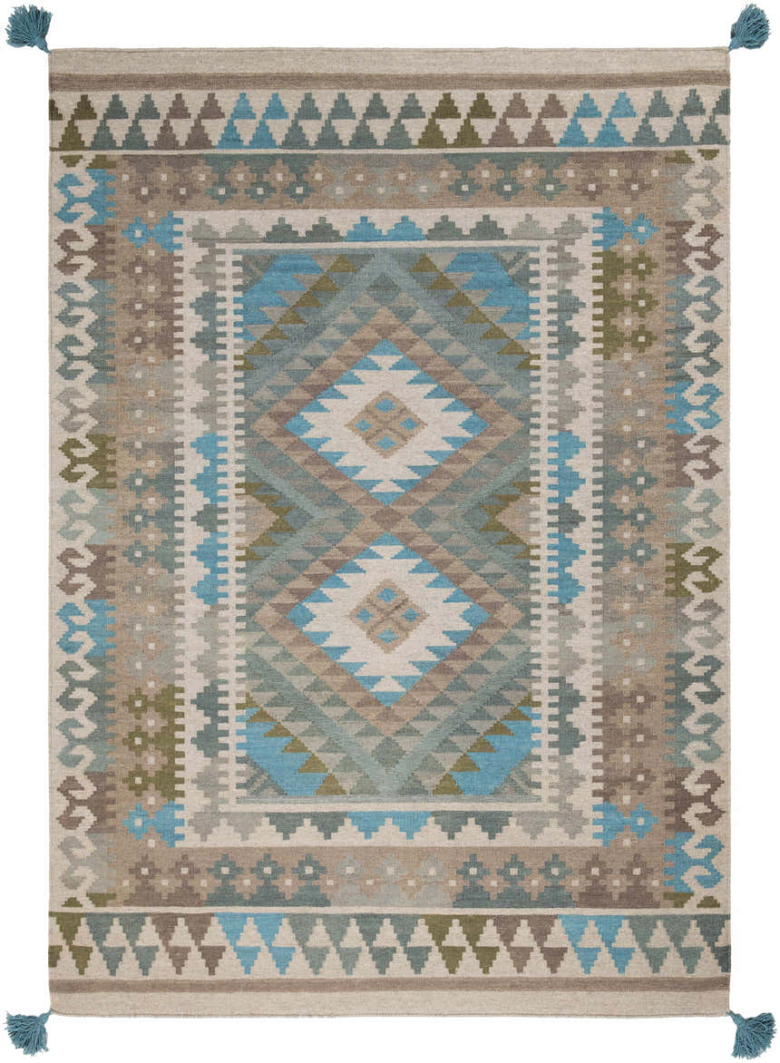 Auchterarder Carpet, a hand-woven wool rug with a geometric diamond pattern in aqua, blue, sage, and brown tones. Design-Rectangle-576