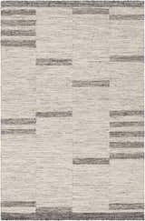 Close-up of the Auchinleck Area Rug. Hand-woven wool and viscose rug with a charcoal and cream geometric pattern. Design-Rectangle-576