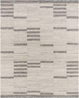 Close-up of the Auchinleck Area Rug. Hand-woven wool and viscose rug with a contemporary charcoal and cream geometric pattern. Design-Rectangle-810
