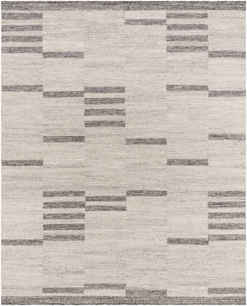 Close-up of the Auchinleck Area Rug. Hand-woven wool and viscose rug with a contemporary charcoal and cream geometric pattern. Design-Rectangle-810