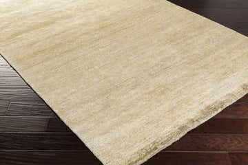 Close up of the olive Aumsville Area Rug showing its hand woven texture and subtle sheen. Corner