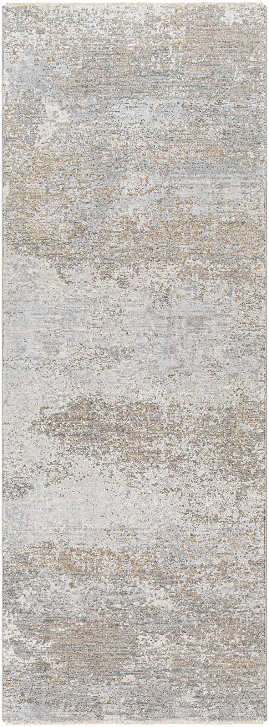 Close-up of the Avani Thick Luxe Boutique Rug. Abstract design in dark gray, light gray, medium brown, and nutmeg tones. Design-Runner-2773