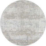 Close-up of a round Avani Thick Luxe Boutique Rug with a gray, light gray, and nutmeg abstract pattern. Design-Round-53