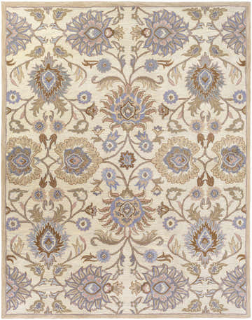 Close-up of the Conesus Hand Tufted Ivory Wool Rug. Features a floral pattern in ivory, brown, lavender, and denim hues. Design-Rectangle-7696