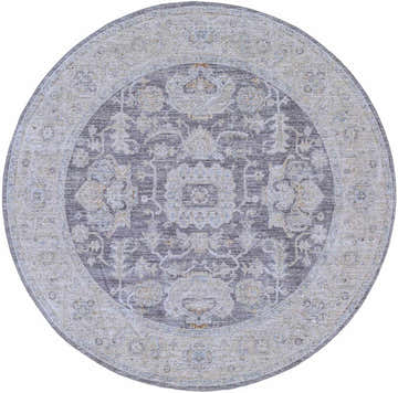 Close-up of round Karuah Thick Luxe Statement Rug; charcoal and light beige oriental pattern. Design-Round