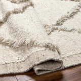 Close-up of the Awen Hand Knotted Wool Area Rug showing its beige, cream, and charcoal colors and fringe detail. Fold
