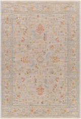 Detailed texture of the Awena Thick Luxe Area Rug. Farmhouse style with amber, brown, pink, olive, gray, mustard, and taupe floral pattern. Design-Rectangle