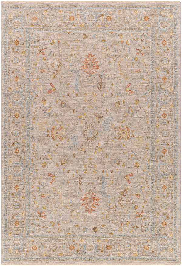 Detailed texture of the Awena Thick Luxe Area Rug. Farmhouse style with amber, brown, pink, olive, gray, mustard, and taupe floral pattern. Design-Rectangle
