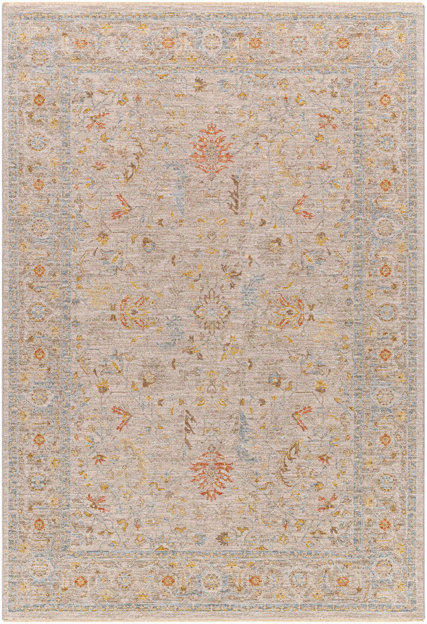 Detailed texture of the Awena Thick Luxe Area Rug. Farmhouse style with amber, brown, pink, olive, gray, mustard, and taupe floral pattern. Design-Rectangle