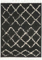 Close-up of the Wallagrass Black Moroccan Shag Rug, featuring a light beige diamond pattern and fringe. Design-Rectangle-5373