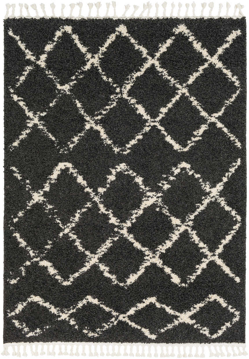 Close-up of the Wallagrass Black Moroccan Shag Rug, featuring a light beige diamond pattern and fringe. Design-Rectangle-5373