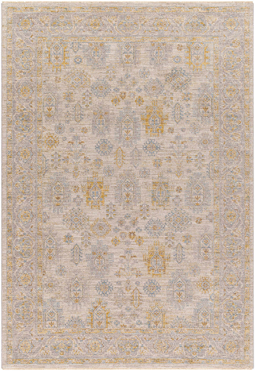 Close-up of the Ayele Thick Luxe Statement Rug, featuring a traditional design in charcoal, mustard, and gray tones. Design-Rectangle-575