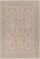 Close-up of Ayele Thick Luxe Statement Rug; farmhouse style with charcoal, mustard, and tan traditional pattern. Design-Rectangle-6796