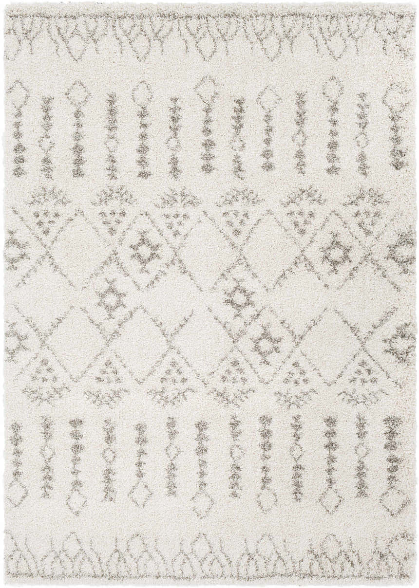 Close-up of the Aylett Beige Trellis Shag Rug, featuring a soft shag texture and a subtle charcoal trellis pattern on light beige. Design-Rectangle