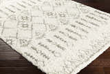 Close-up of the Aylett Beige Trellis Shag Rug, showing its ivory color and subtle charcoal geometric pattern. Corner