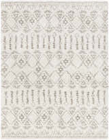 Close-up of Aylett Beige Trellis Shag Rug, featuring a geometric trellis pattern in light beige and ivory. Soft, shag texture. Design-Rectangle
