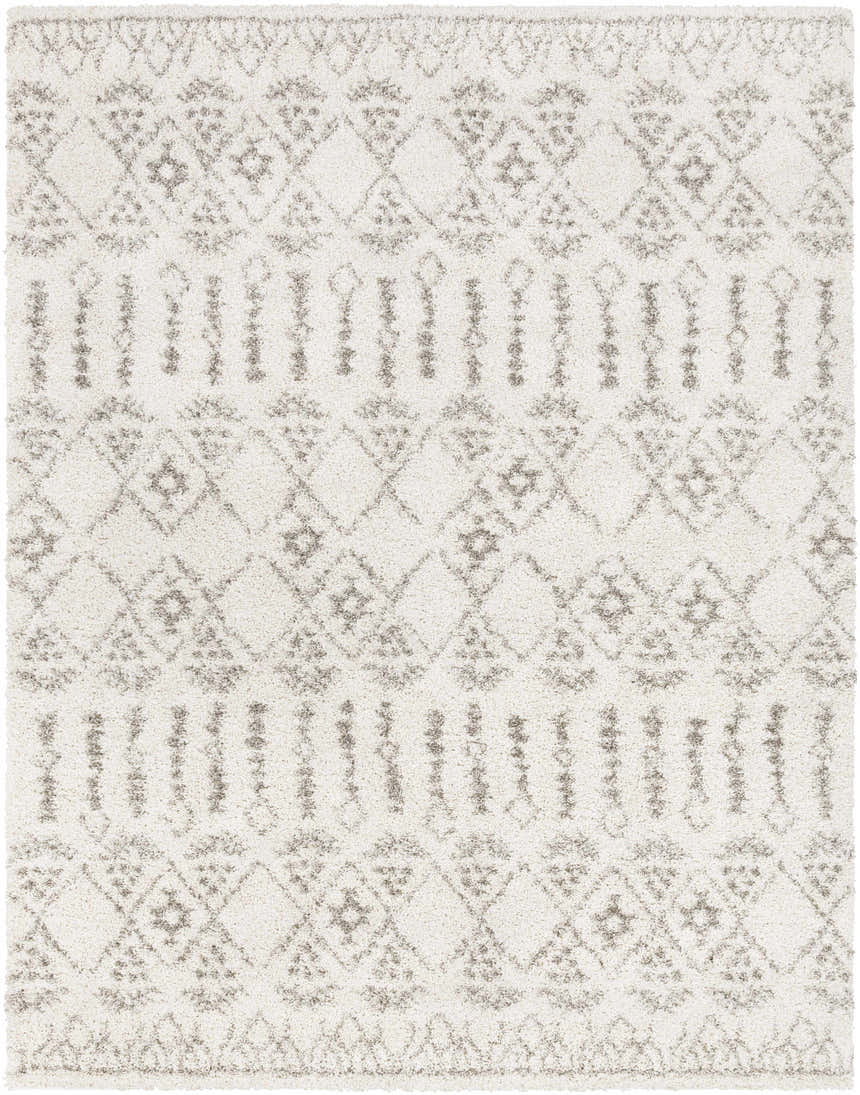 Close-up of Aylett Beige Trellis Shag Rug, featuring a geometric trellis pattern in light beige and ivory. Soft, shag texture. Design-Rectangle
