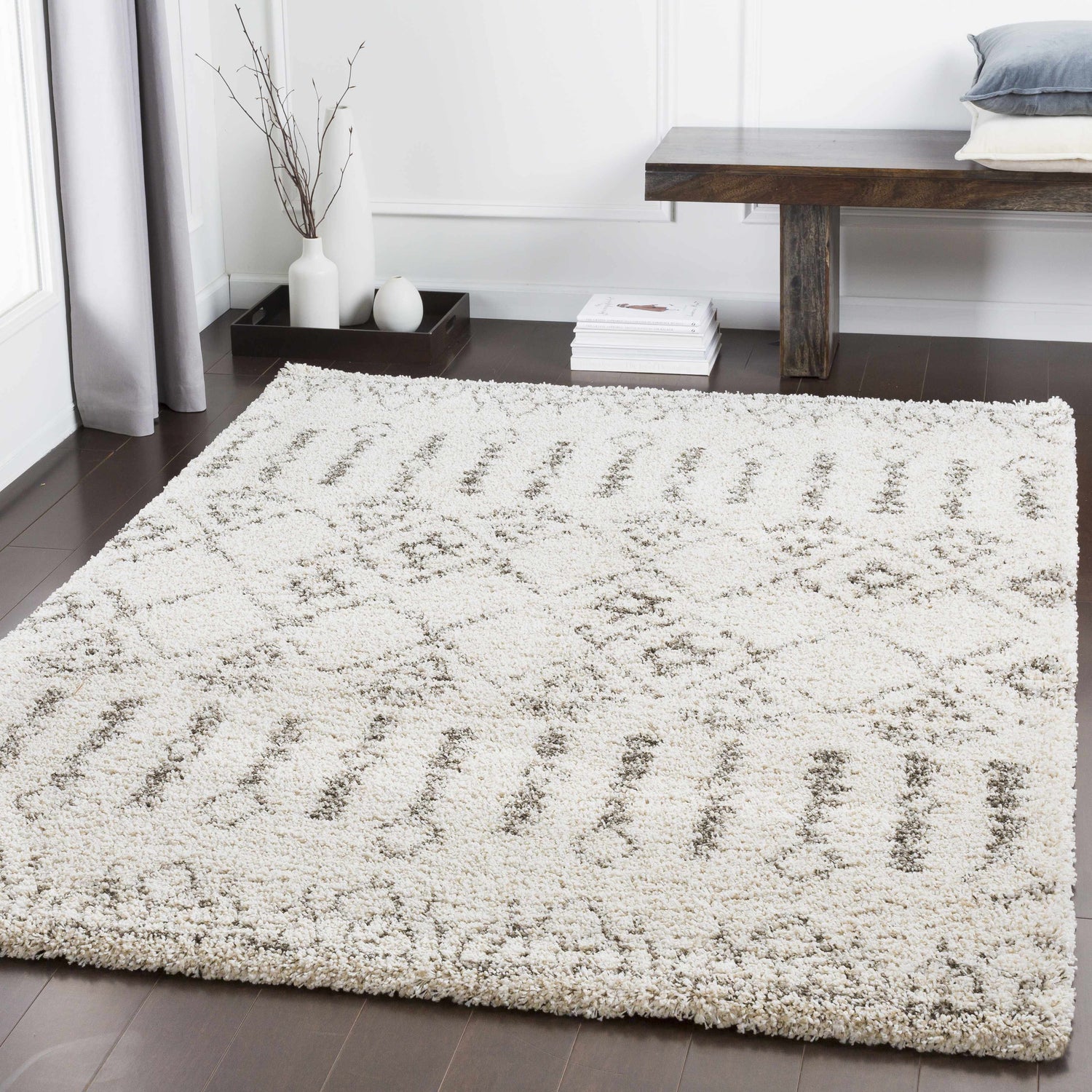 Living room scene with Aylett Beige Trellis Shag Rug, dark wood floors, bench, white walls, and neutral decor. Roomscene-Rectangle