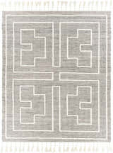 Close-up of Azra Tasseled Jute & Wool Rug. Charcoal and cream rug with geometric pattern and tasseled edges. Hand woven texture. Design-Rectangle-810