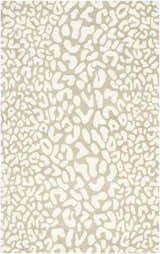 Close-up of the hand-tufted Azuka Leopard Print Area Rug. Beige and gray wool rug with a contemporary animal print pattern. Design-Rectangle-58