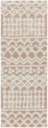 Close-up of the Azura Shag Area Rug. Features a geometric shag design in dark beige, dusty pink, and white thatch hues. Design-Runner-2773