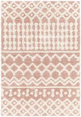 Close-up of the Azura Shag Area Rug. Features a geometric pattern in dark beige, dusty pink, and white thatch colors. Design-Rectangle-5373