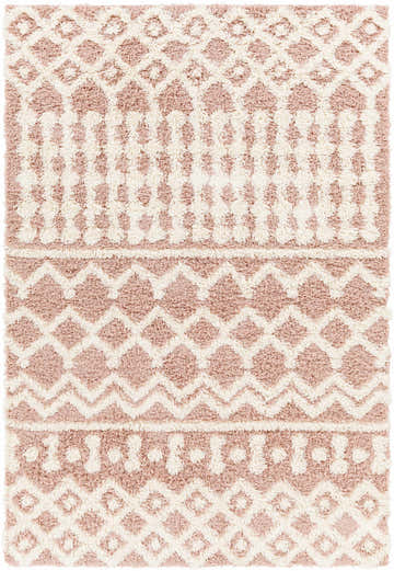 Close-up of the Azura Shag Area Rug. Features a geometric pattern in dark beige, dusty pink, and white thatch colors. Design-Rectangle-5373