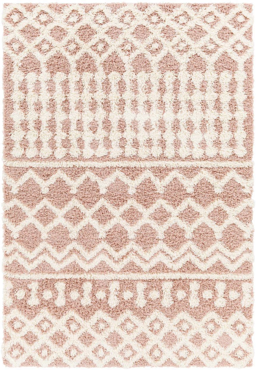 Close-up of the Azura Shag Area Rug. Features a geometric pattern in dark beige, dusty pink, and white thatch colors. Design-Rectangle-5373