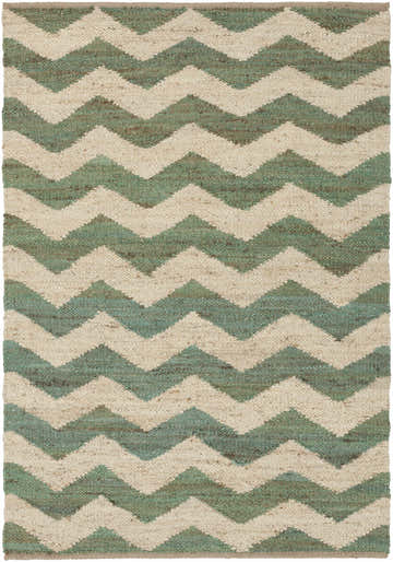 Close-up of Brook Jute Rug. Hand-woven rug with a beige and light green chevron pattern. Farmhouse style. Design-Rectangle