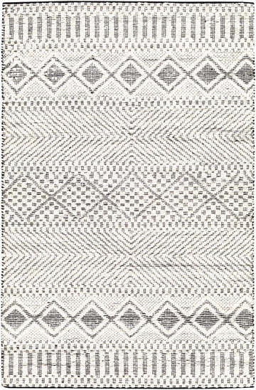 Close-up of Bachauan Jute Carpet. Cream rug with black geometric patterns, hand woven texture. Bohemian style. Design-Rectangle-576