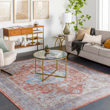 Living room scene with a Brown Bagamanoc Medallion Area Rug, sofa, gold coffee table, and mid-century modern decor. Roomscene-Rectangle