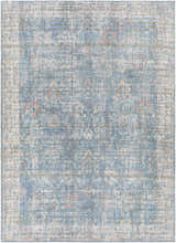 Close-up of the Bagontapay Washable Area Rug, featuring a traditional floral pattern in blue, cream, and light brown tones. Design-Rectangle-5373