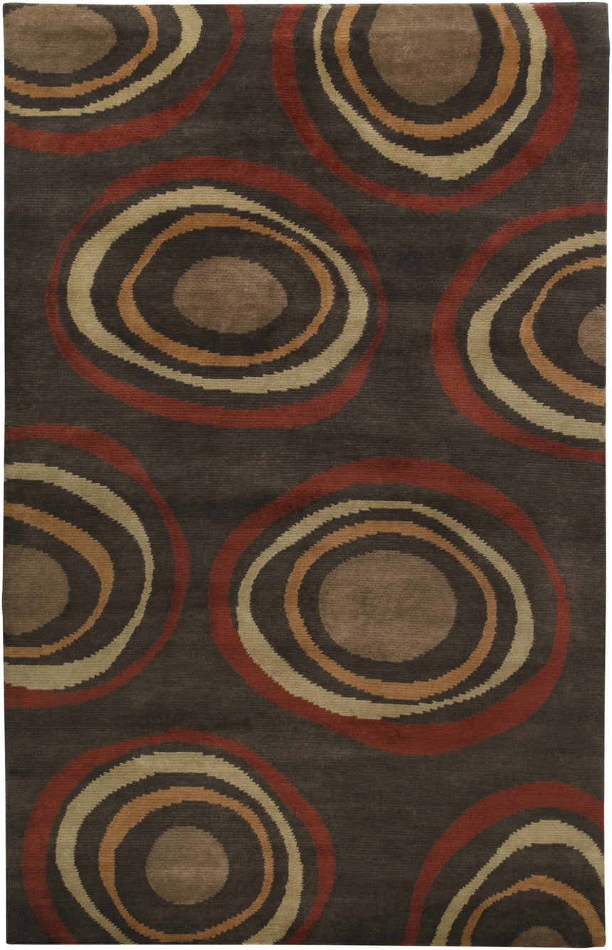 Close-up of the Bahama Area Carpet. Hand-knotted wool rug with a contemporary circle pattern in black, brown, and brick red. Design-Rectangle-58